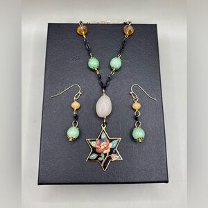 🌹🌟Vintage Cloissone Rose Six Point Star Necklace Earring Set